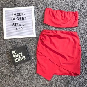 Red Two Piece Dress Set Top and Skirt